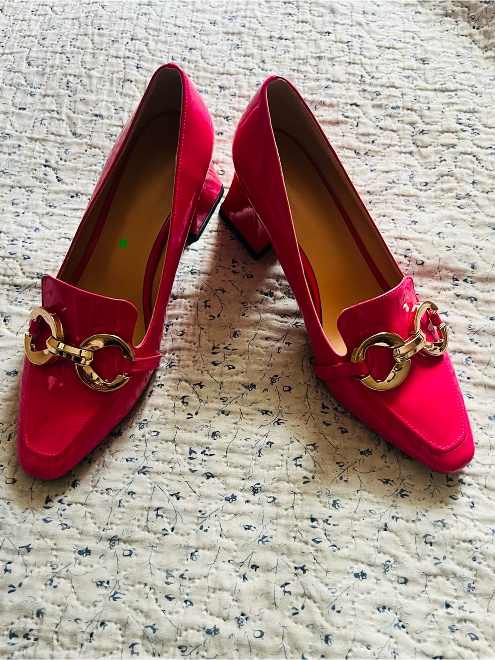 Patent Pink Block Heel Loafers with Gold Chain Detail
